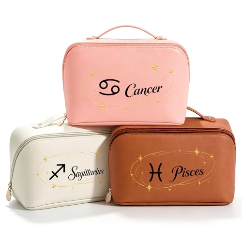 AASFK Personalized Zodiac Makeup Bag with Custom Name, Engraved Cosmetic Pouch for Women, Astrology Sign Travel Toiletry Bag, Unique Gift for Mom Wife Bridesmaid Birthday Holiday