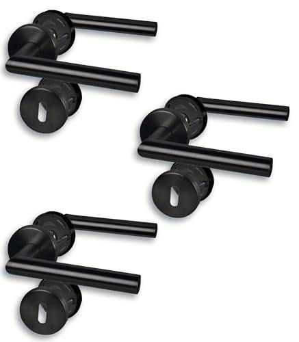 Alpertec Set of 3 Rosette Fittings, Stainless Steel, Black, for 3 Room Doors with Deadlock Holes, Cliprosette, Diameter 52 mm, Door Handle, Door Handle