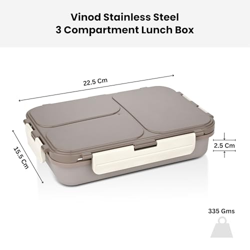 Image of Vinod GO-Tiffin Stainless Steel 3 Compartment Insulated Lunch Box | Grey | Leaf-Proof, Vacuum Sealed & Air Tight | Tiffin Box for Office, Kids & Adults | Freezer Safe | with Safety Lock