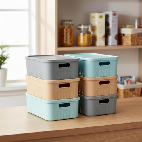 Image of SR Plastic Storage Baskets with Lids - Multipurpose storage and organisers for Kitchen, Clothes,Toys, Office - Durable & Stackable storage box and organiser for Home & Kitchen(3 Pcs)