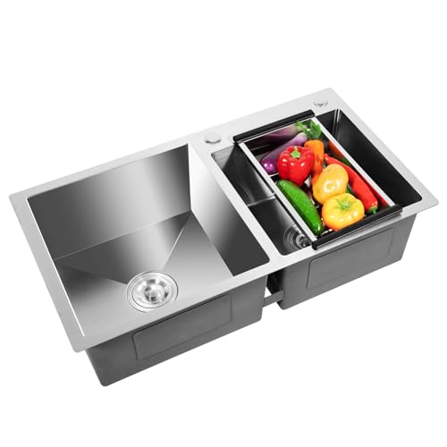 BRRIDE Doppelbecken Doppelspüle, 2 Becken Küchenspüle Edelstahl Einbauspüle Set mit Abtropffläche, Einbauspüle Doppelspüle Waschbecken 78x43x21cm