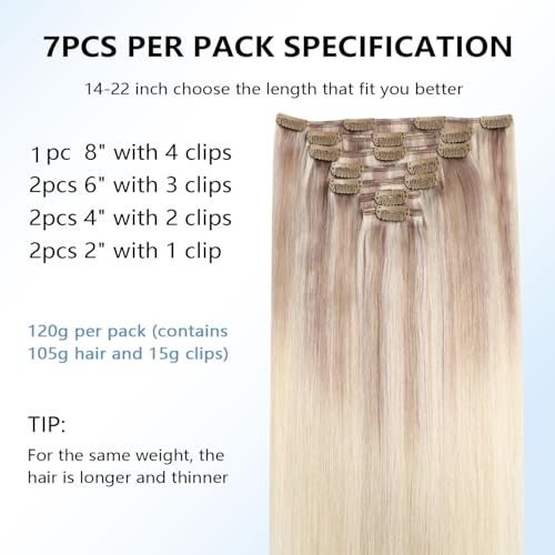 Image of COOKAYU Clip in Hair Extensions Human Hair, 18 /22 /60 Ombre Real Hair Extensions Clip in Human Hair Thick Silky Straight, 16inch 120g 7Pcs