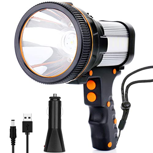Rechargeable Spotlight,Super Bright 7800 Lumens LED Searchlight Handheld,and Flood Camping Flashlight with Foldable Tripod with USB Output Function IPX4 Waterproof (Silver)