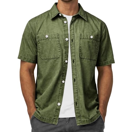 Camisa vaquera informal de manga corta con detalles vintage occidentales para hombre