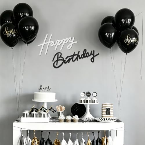 Image of TONIFUL Happy Birthday Sign for Backdrop - Glitter Black White Felt Banner - Includes Dot Glue - Perfect for Birthday Party Backdrop,Wall Decr,Balloon Arch,Photo Background