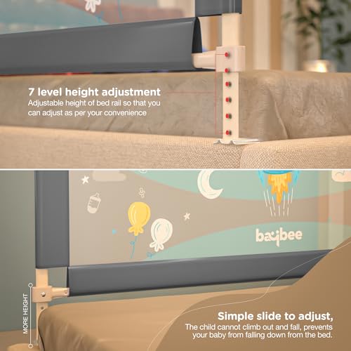 Image of BAYBEE Baby Bed Rails Guard (180x63 cm), Bedrail for Baby Kids Safety, Portable Bed Rail Falling Protector Fence with Adjustable Height, Foldable Bed Rails for Newborn, Pack of 2, (Grey)