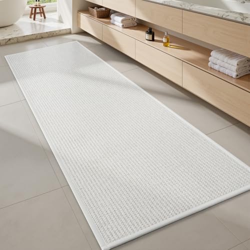 MontVoo Bathroom Runner Rugs-Chenille Absorbent Bath Mat Runner Quick Dry-Rubber Backed Bath Runners Non Slip Washable Long Bathroom Rugs,Ultra Thin Bath Rugs Fit Under Door,17"x59",White 17