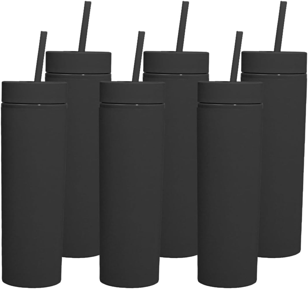 Sonoup Skinny Tumblers with Lids and Straws Bulk.Matte Black Slim Tumbler Cups with Straws.16 oz Plastic Pastel Double Walled Acrylic Skinny Tumbler Set for Smoothie Ice Coffee.Customizable DIY Gift.