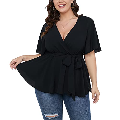 SCOMCHIC Women's Plus Size Short Sleeve V Neck Wrap Belted Ruffle Peplum Blouse Tops