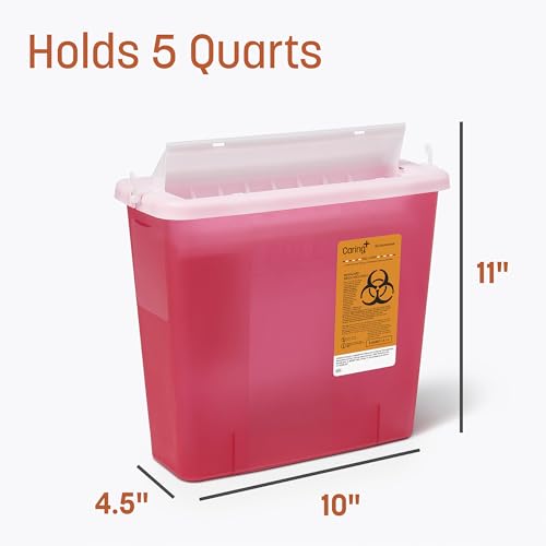 Caring Sharps Container, 5 Quart Container Locking Lid, Red - Ideal for Safe Medical Waste Disposal, Large Needle Disposal Container for Home and Medical Use