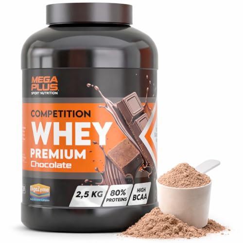 Whey Premium Competition   Mega Plus   proteinas whey   shaker proteinas   Proteína en Polvo para Recuperacíon y Desarrollo Muscular   5 sabores a elegir (2,5 Kg, Chocolate)