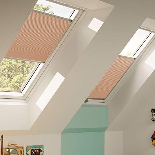 Original VELUX Faltstore DuoLine FHC F06 1049S Für // GGL, GTL, GPL, GHL, GXL, GGU, GTU, GPU, GHU, GXU F06 // in Stofffarbe 1049 / Uni Beige - Abdunkelung Verdunkelung Wabenplissee // Seitenschienen in Silber _25138
