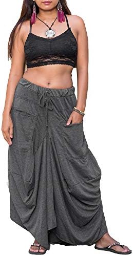 Thaluta Women's Maxi Skirt Bohemian with Pockets Gypsy Elastic High Waist Cotton Grey