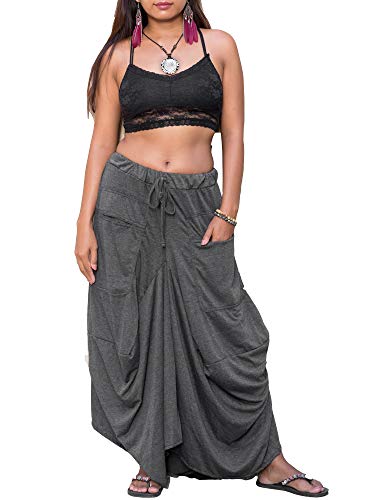 Thaluta Women's Maxi Skirt Bohemian With Pockets Gypsy Elastic High Waist Cotton Grey #TOP2