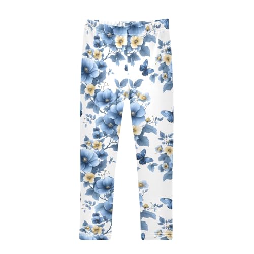 Blue Flower Rose Butterflies Girls Leggings Athletic Pants Tights Stretch Bottom