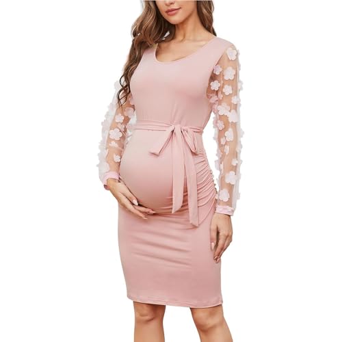 Fansu Vestido Midi de Maternidad de Manga Larga de Malla Floral, para Fotografía Ropa Premama Embarazada Elegantes Verano para Fiesta (Rosa,M)