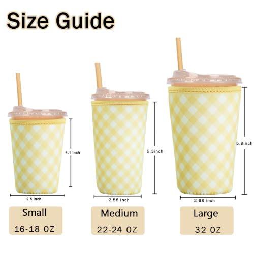 Image of Reusable Insulated Sleeve for Iced Coffee Cup, Coffee Neoprene Sleeve for Cold & Hot Drinks, Beverage Holder for Iced Coffee (Yellow Gingham, Large: 32oz)