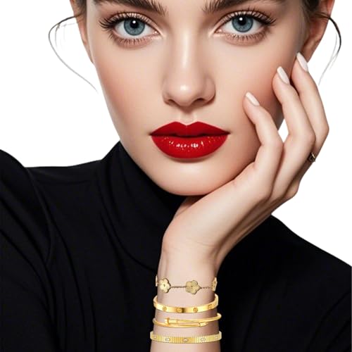 Womens Stackable Floral Gold Bracelets - 4Pcs 18K Gold Plated Bracelet,Stainless Steel Bangle Bracelets Non Tarnish, Gold Bracelet Set Trendy Jewelry,Christmas Valentines Birthday Gifts for Girlfriend by Ntutrxk - Used condition - Image 3