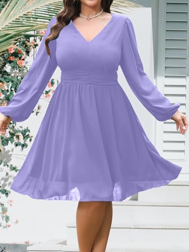 Image of RWJ Women's Plus Size Mini Dress 2025 Wrap V-Neck Empire Waist Long Sleeve Spring Trendy Elegant Flowy Chiffon Dresses
