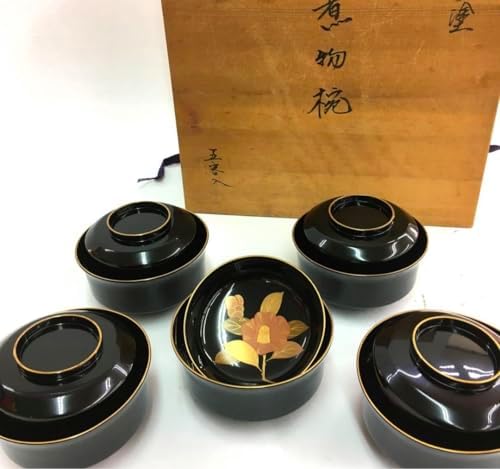 越前塗　蓋付き煮物椀揃　5客　椿 汁椀　お吸い物椀 越前塗 蓋付き煮物椀揃 5客 椿 汁椀 お吸い物椀