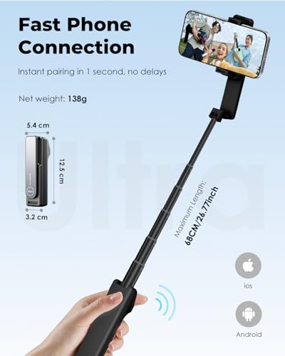 Perche à selfie télescopique 68 cm légère 138 g noire avec bouton de commande