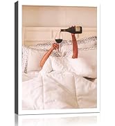 Vintage Drinking Wine in Bed Framed Wall Art,20x24in Canvas Wrapped Funky Feminist Alcohol Canvas...