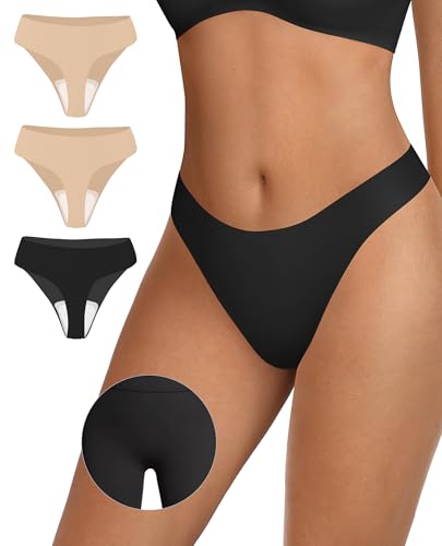 Image of OEAK Seamless Thongs for Women Invisible Thongs No Show Thong Panty Liners Tangas Comfortable Workout G-Strings Underwear Black+2*Skin Nude M