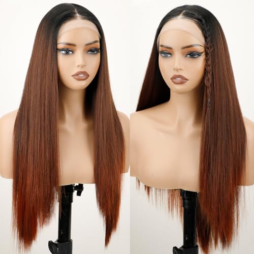 SUKRI Synthetic Lace Front Wigs for Women Long Straight Auburn Wig 13x4x1 Middle Part Omber Wig 26 Inch Pre Plucked Wear and Go Lace Front Wigs for Daily Use