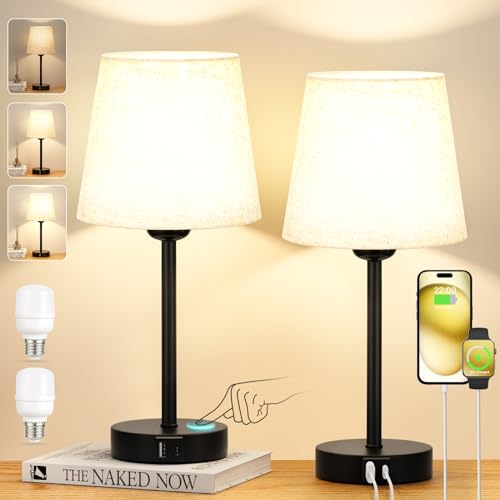 Bedside Lamps Set of 2, Touch Lamps Bedside with USB-C+A Charging Ports, 3-Way Dimmable Table Lamp with Beige Fabric Shade, Small Table Lamp for Bedroom Living Room (LED Bulb Included)