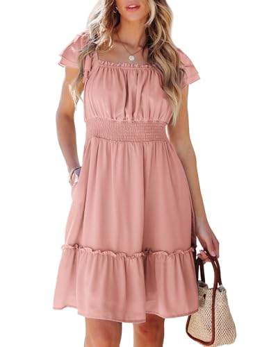 Dokotoo Square Neck Plus Size Dress for Women Sexy Short Sleeve Elastic Waist Dresses Ruffle A-Line Flowy Summer Dress Shirred High Waist Casual Pink Club Mini Dress Small