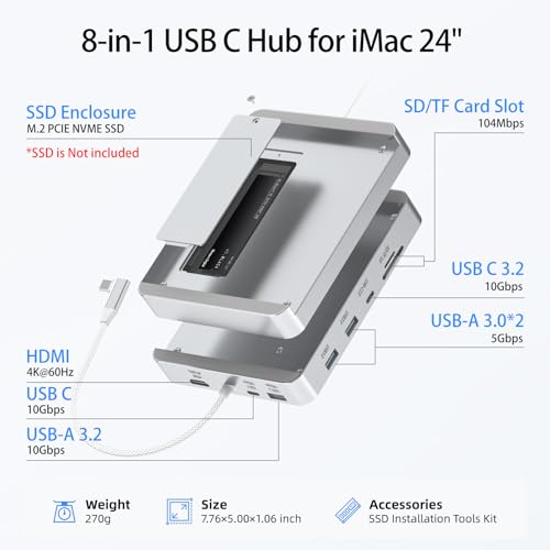 Image of USB-C Hub 8-in-1 for 24 inch iMac 2021 /2023 /2024 - iMac Dock with M.2 SSD Slot, 10Gbps USB-C /A, SD /TF, HDMI - iMac Accessories for M1 M3 M4