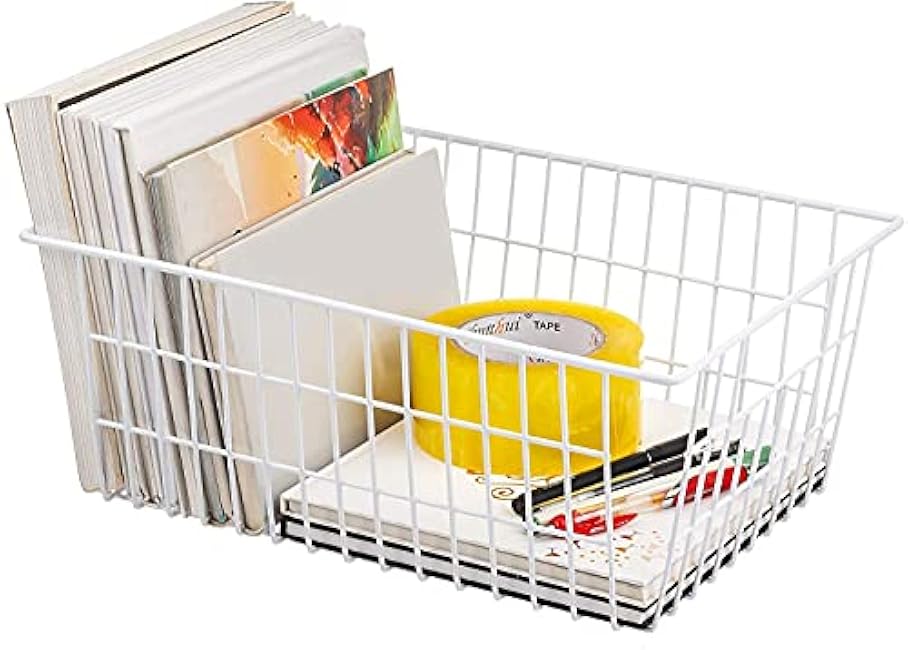Redrubbit Wire Storage Baskets, Large Farmhouse Metal Freezer Basket Storage Organizer Bins with Handles for Kitchen Cabinets, Pantry, Closets, Bedrooms, Bathrooms, Set of 6, White