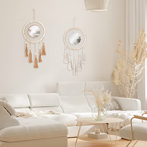 Dremisland Wall Mirror 2 Set Hanging Wall Mirror With Wood Beads Fringe Handmade Round Sunburst Decoration Boho Antique Mirror For Entryway Bedroom Living Room Nursery,Beautiful Gift Ideas #TOP6