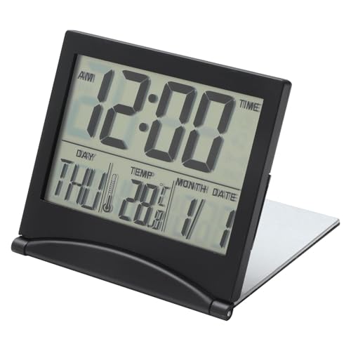 WrteEase Digital Travel LCD Alarm Clock, Small Foldable Dementia Clock with Days Dates, Time Of Day and Temperature, Desk Clock Battery Operated For Bedroom Home Kitchen Office Travel (Black)