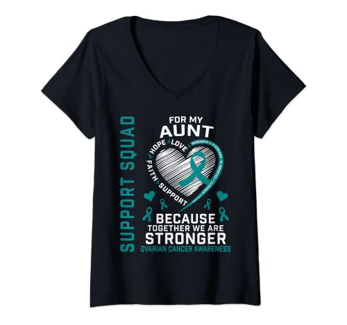 Mujer Teal Ribbon Ovarian Cancer Support Squad Tía Family Fight Camiseta Cuello V