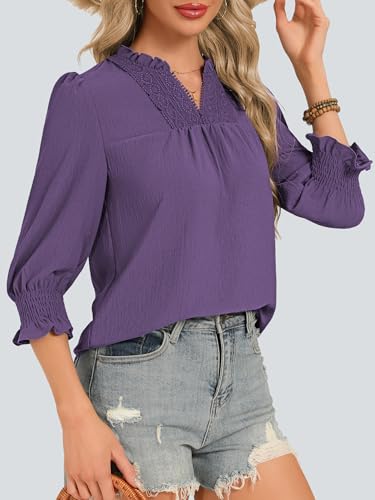 Funlingo Womens Tops 3/4 Sleeve Dressy Casual Blouses Ruffle V Neck Lace Crochet T Shirts with Smocked Cuffs Summer Outfits Plus Size Spring Clothes Purple XL — view 3