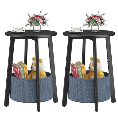 sthmec Small Round Side End Table Set of 2 with Cloth Storage Basket, Round Bedside Sofa Couch Coffee Tables for Small Places with Metal Frame, Modern Nighstands for Living Room Bedroom,Black