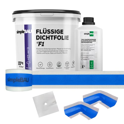 simpleBAU FLÜSSIGE DICHTFOLIE F1 10 kg + Tief eindringende, kleinmolekulare Grundierung 1L + 10m Dichtband + 2 Innenecken + 1 Wandmanschetten Cover