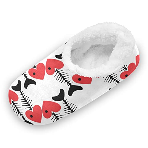 Mnsruu Espina De Pescado Artística Corazón Negro Rojo Zapatillas Casa Cálido Felpa Suave Pantuflas Mujer Hombre Invierno Cálidas Zapatos Antideslizante Algodón Slippers