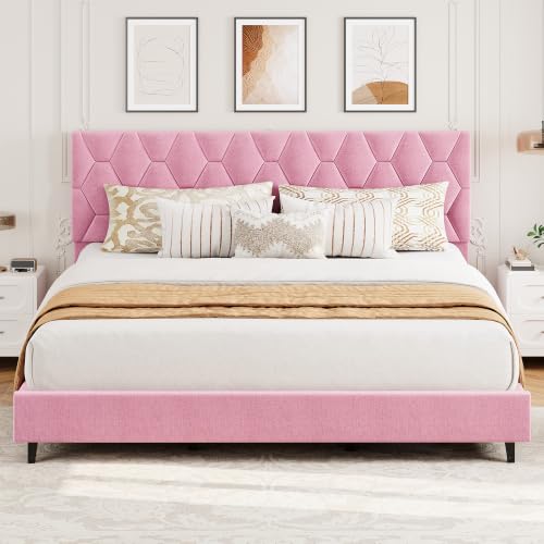 GarveeHome Cal King Bed Frame, Adjustable Upholstered Headboard,Pink