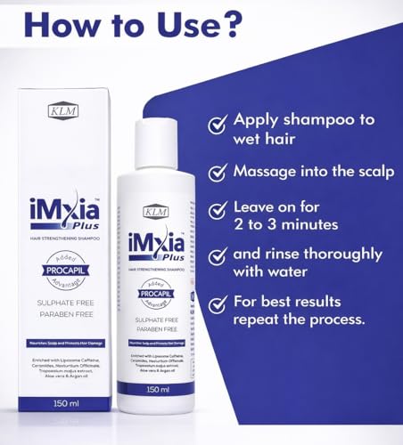 Image of iMxia Plus Hair Strengthening Shampoo with Procapil Advantage | Sulphate & Paraben Free | Helps Reduce Hair Fall & Strengthen Roots | Nourishes Scalp & Protects Hair Damage | 150 ml