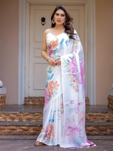 Image of ALMAARI FASHION Women's Floral Printed Georgette Satin Saree with Unstitched Blouse Piece | Traditional Ethnic Wear Sarees | Soft Lightweight Ethnic Office Wear Daily Wear Indian Sari (SG 181-190 F)