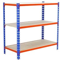 SimonRack Schwerlastregal, Lagerregal, 90x100x30 cm, Metallregal, Kellerregal, Biegestelle 150 kg, 3 Holzfachböden, Blau/Orange/Holz - Maderclick