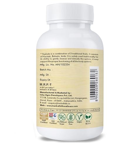 Image of Herbal Hills Triphala Tablets, (60 Tablets Pack) | Supports Healthy Digestion & Detox | Triphalahills Supplement For Constipation, Gut Cleanse & Metabolism | With Amla, Haritaki & Baheda