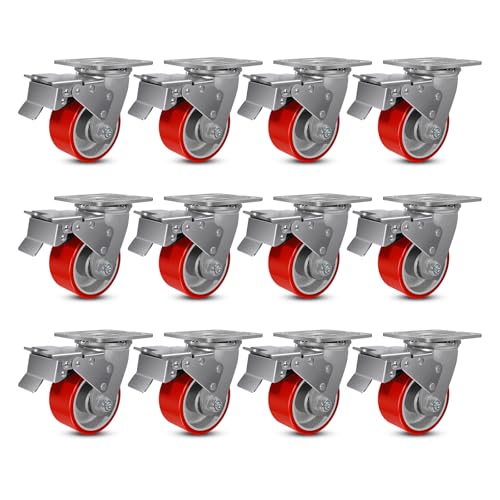 4" Heavy Duty Casters, Swivel Industrial Caster Wheels with Brake, Each Caster Loads 800lbs (12 Total Lock Brake)