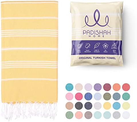 PADISHAHHOME Turkish Beach Towel Oversized 38x71 | 100% Turkish Cotton Sand Free Quick Dry Towel Extra Large Turkish Towel Light Travel Towel for Adults Beach Gifts Beach Essentials - Yellow