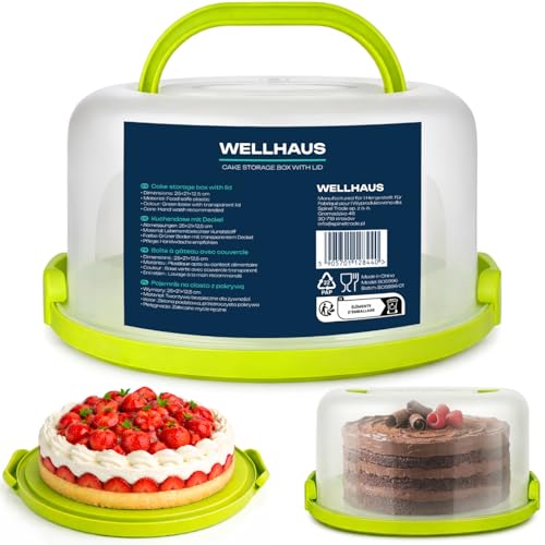 WELLHAUS Boîte de transport pour gâteaux, muffins et cupcakes, avec couvercle en plastique, vert, ronde, 25 x 12,5 cm