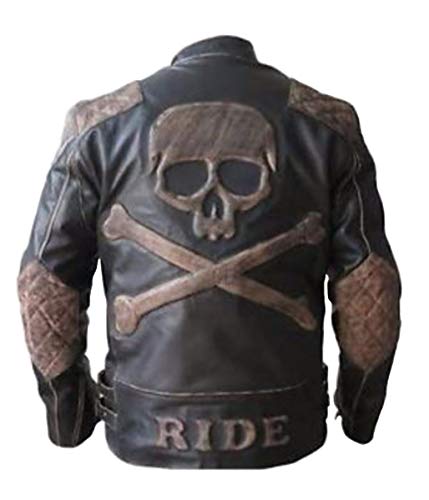 Feather Skin Herren Lederjacke mit Totenkopf-Prägung, Vintage-Stil, Braun, Schwarz , XX-Small