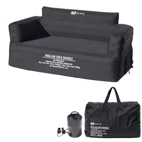 WAQ AIR SOFA シングル/ダブル ワック エアソファ エアーソファ アウトドア キャンプ 電動ポンプ内蔵 ワンタッチ空気入れ 空気抜き 簡単設営 ソファー 自動膨張 収納袋付き (BLACK（ブラック）, ダブル)