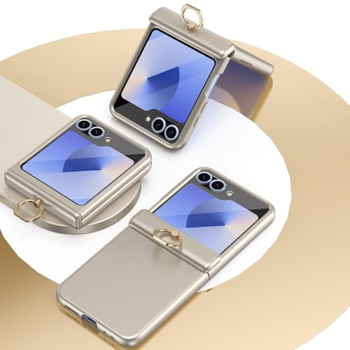 Ochronne etui na telefon Ultracienka obudowa PC kompatybilna z Samsung Galaxy Z Flip 5 5G, osłona zawiasu z uchwytem pierścieniowym obracanym o 360°, wbudowana osłona ekranu ze szkła hartowanego Pełna